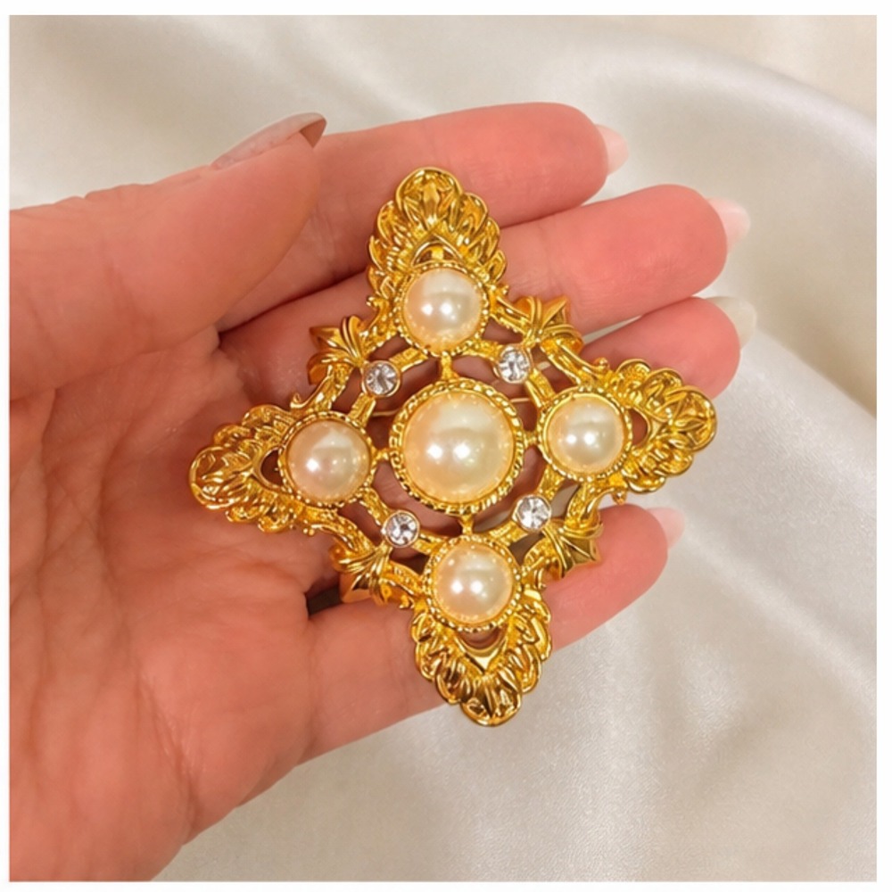 KJL Avon Vintage Gold Tone Faux Pearl Rhinestone Maltese Cross Brooch Pendant